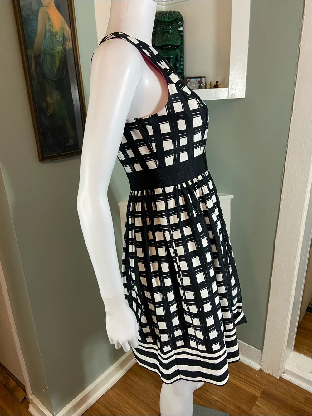 Eliza J Faille/Taffeta Black White Grid Windowpane Plaid Fit Flare Mini Dress 4P